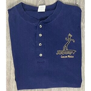 Vintage 90s T Shirt Short Sleeve Henley Tee Surfing Cancun Mexico Blue Men Large